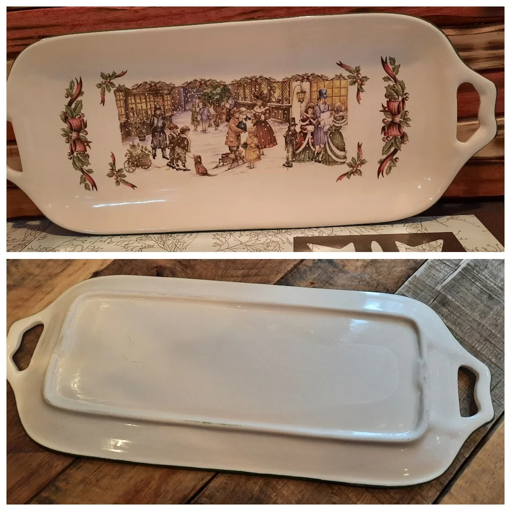 Vtg Czech Oblong Serving dish Christmas ceramic carolers Old Fashioned